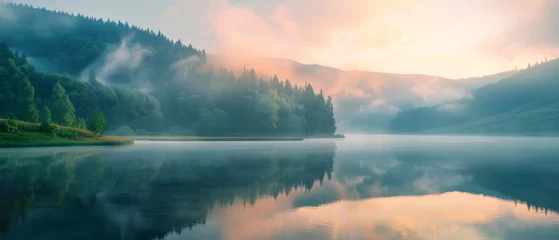 Poster Misty morning scene of Lacu Rosu lake. Foggy summer sunrise in Harghita County, Romania, Europe. Beauty of nature concept background © Artem