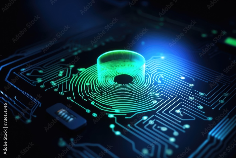 Poster a detailed close-up of a fingerprint on a circuit board. suitable for technology, cybersecurity, or 