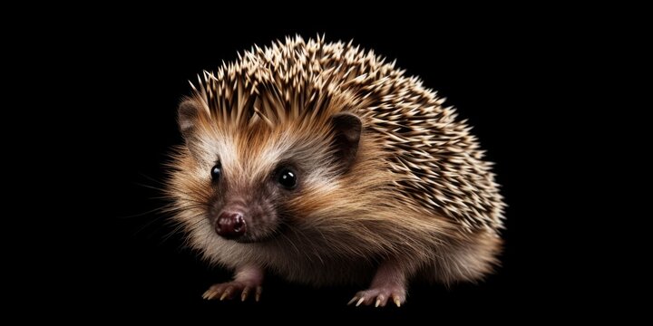 A small hedgehog standing on a black surface. Can be used to depict wildlife, nature, or animal themes
