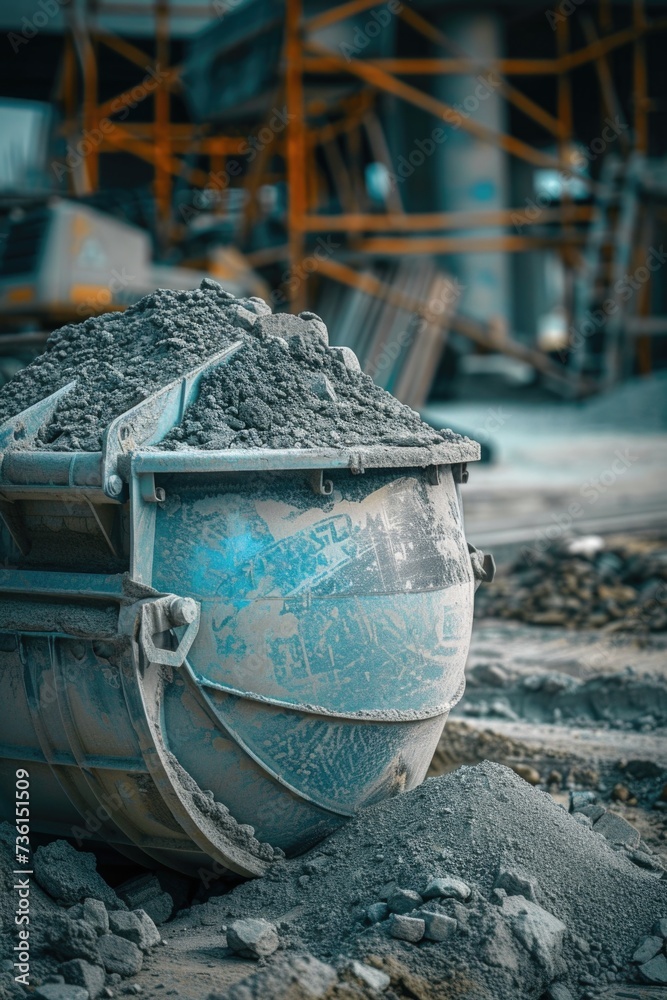 Poster a pile of cement sitting on top of a pile of dirt. versatile image for construction projects and bui
