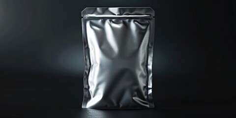 Silver foil bag placed on a black surface. Suitable for product packaging or branding projects