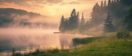 Fototapeta na wymiar Misty morning scene of Lacu Rosu lake. Foggy summer sunrise in Harghita County, Romania, Europe. Beauty of nature concept background