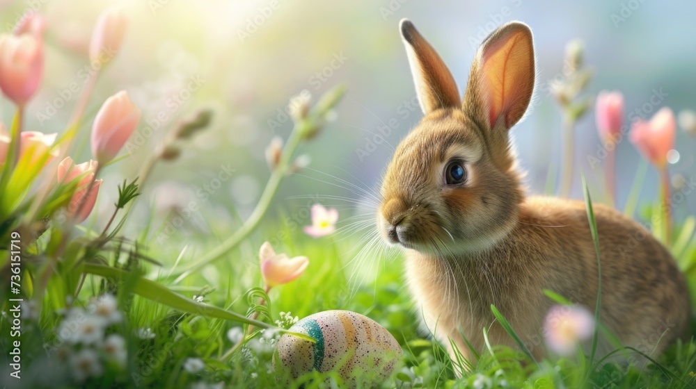 Poster a rabbit sitting in the grass next to an egg. this image can be used for easter-themed designs or to