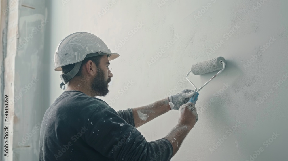Poster a man is shown using a paint roller to paint a wall. this image can be used for various purposes, su
