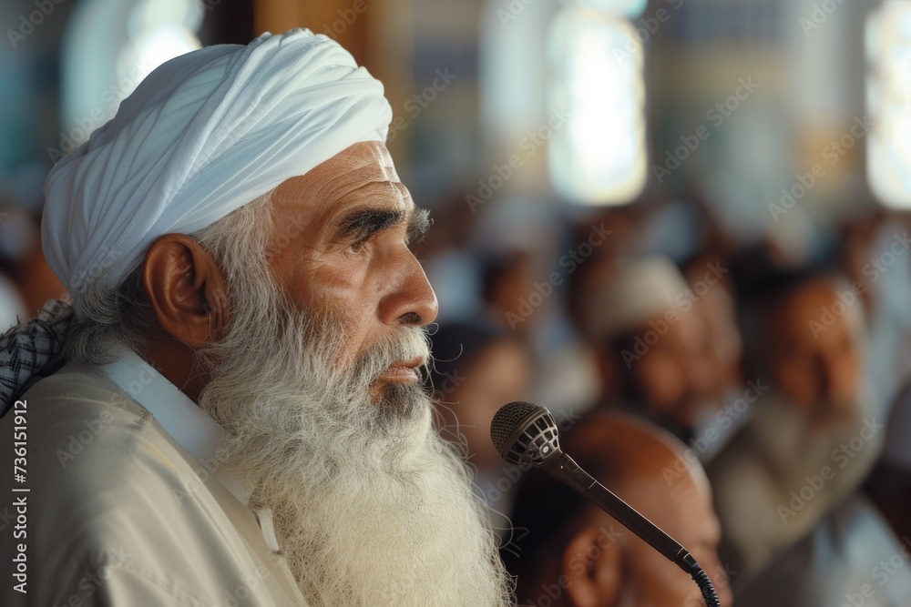 Aufkleber a man wearing a turban is speaking into a microphone. this image can be used to depict public speaki