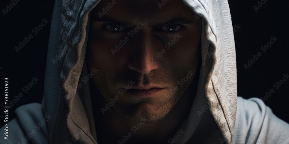 Poster a man wearing a hoodie looks directly at the camera. this image can be used to convey a sense of mys