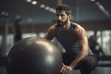 A man squatting on an exercise ball in a gym. This image can be used to depict fitness, balance, core strength, and workout routines