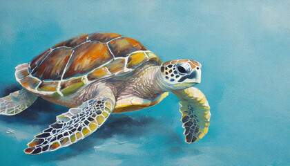 Oil painting of a sea turtle on pure blue background canvas, copyspace on a side