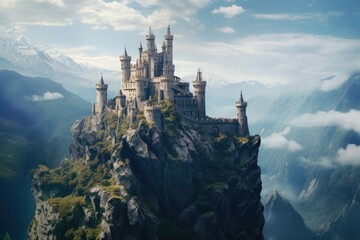 A majestic castle sitting atop a mountain peak, surrounded by towering mountains. Perfect for scenic landscapes and fantasy settings - obrazy, fototapety, plakaty