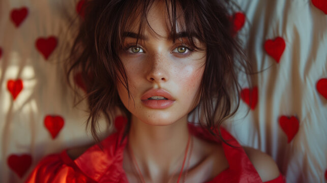 portrait d'une jeune femme amoureuse en robe rouge sur fond de papier peint avec motifs de c&oelig;ur