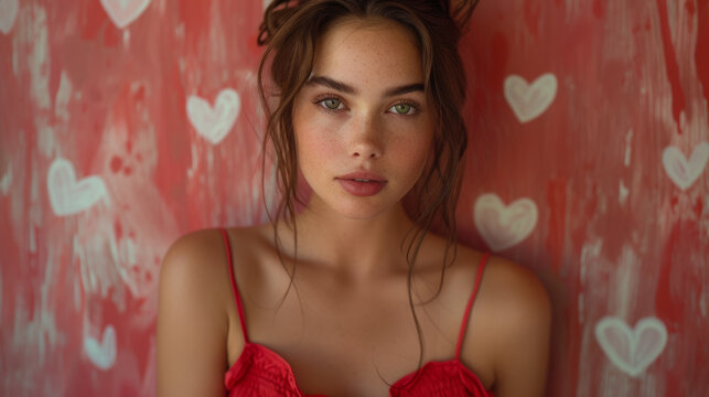 portrait d'une jeune femme amoureuse en robe rouge sur fond de papier peint avec motifs de c&oelig;ur