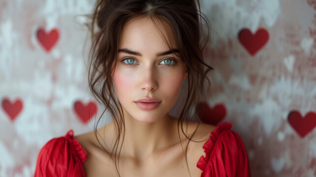 portrait d'une jeune femme amoureuse en robe rouge sur fond de papier peint avec motifs de c&oelig;ur