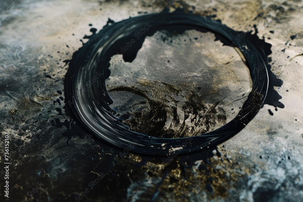 Poster a ring of black paint is seen on top of a dirty floor. this image can be used to represent a spill o