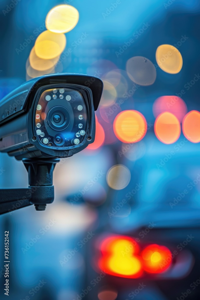 Poster close-up shot of a camera with blurry lights in the background. perfect for photography enthusiasts 