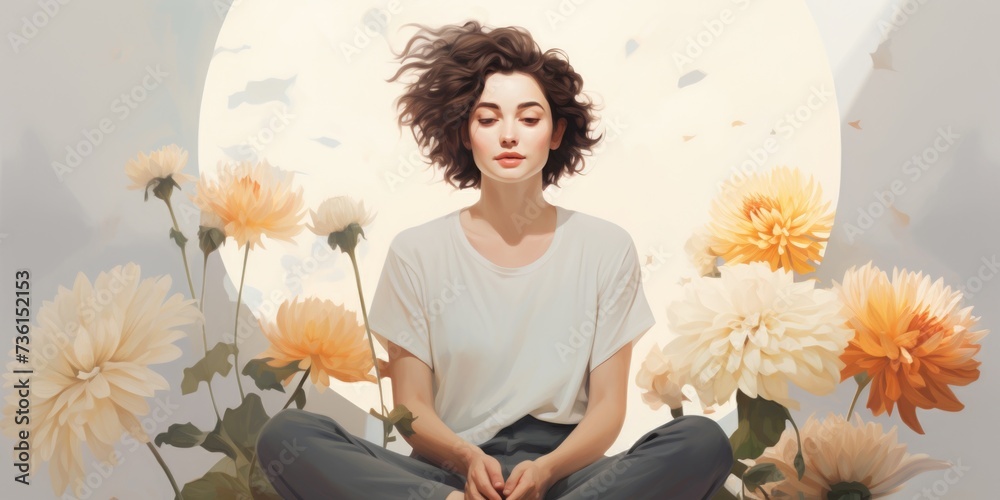 Poster a beautiful painting of a woman sitting peacefully in a field of vibrant flowers. perfect for adding