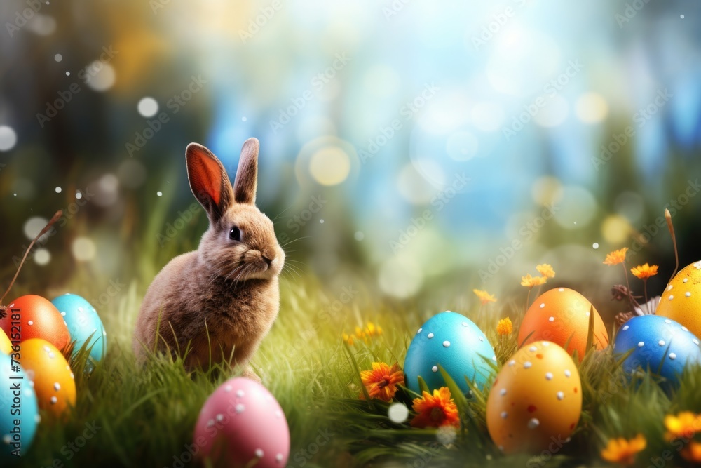 Aufkleber a rabbit sitting in the middle of a field of colorful easter eggs. this image can be used for easter