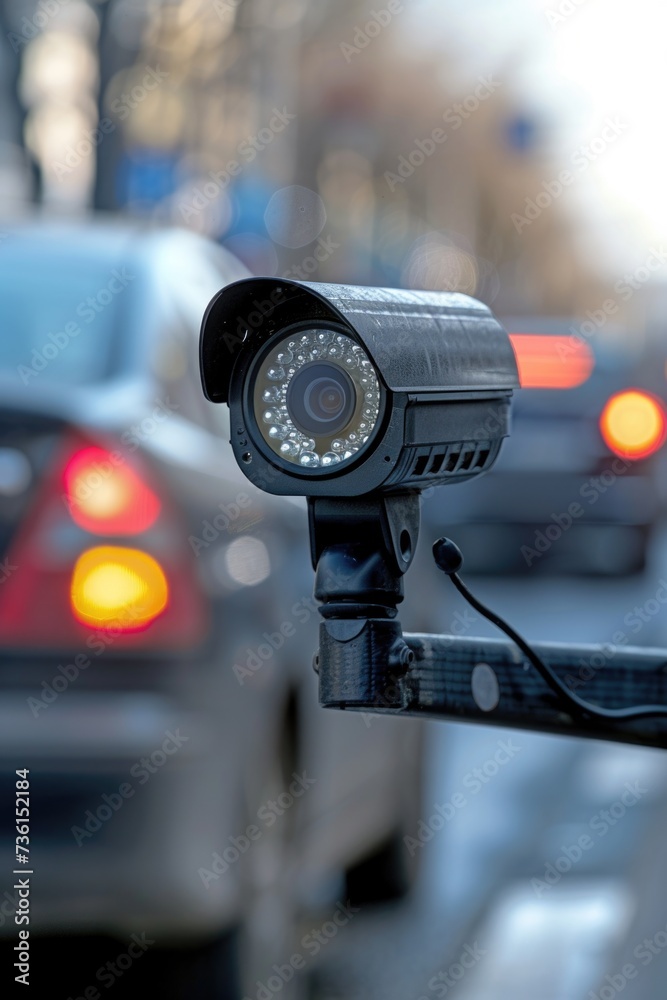 Poster A camera mounted on the side of a car. Suitable for monitoring and recording the surrounding environment while driving