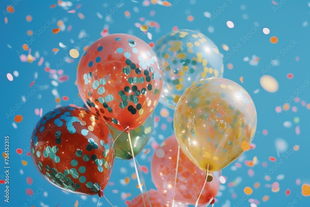 Poster colorful balloons floating in the sky with confetti falling. perfect for celebratory events and part