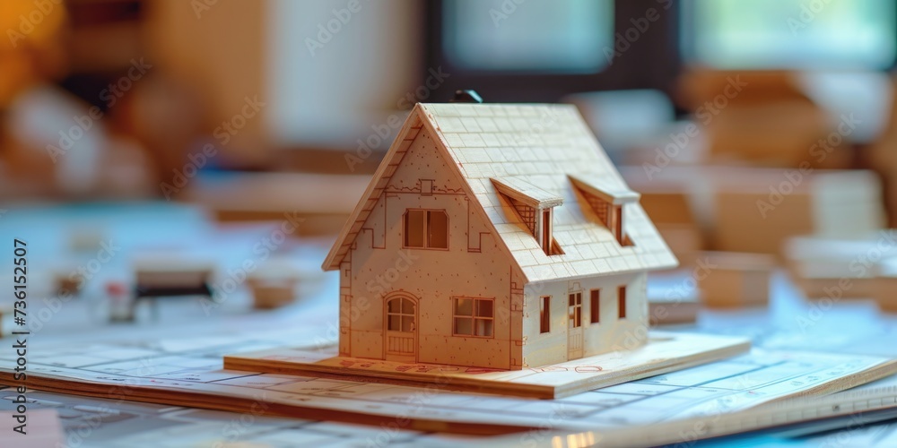 Poster a model of a house sitting on top of a keyboard. suitable for technology, real estate, and creative 