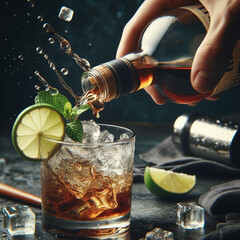 bottle of rum pouring liquid in a glass - obrazy, fototapety, plakaty