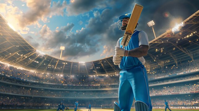 Man, cricket batsman in uniform standing with bat on open air professional cricket stadium. Sport event