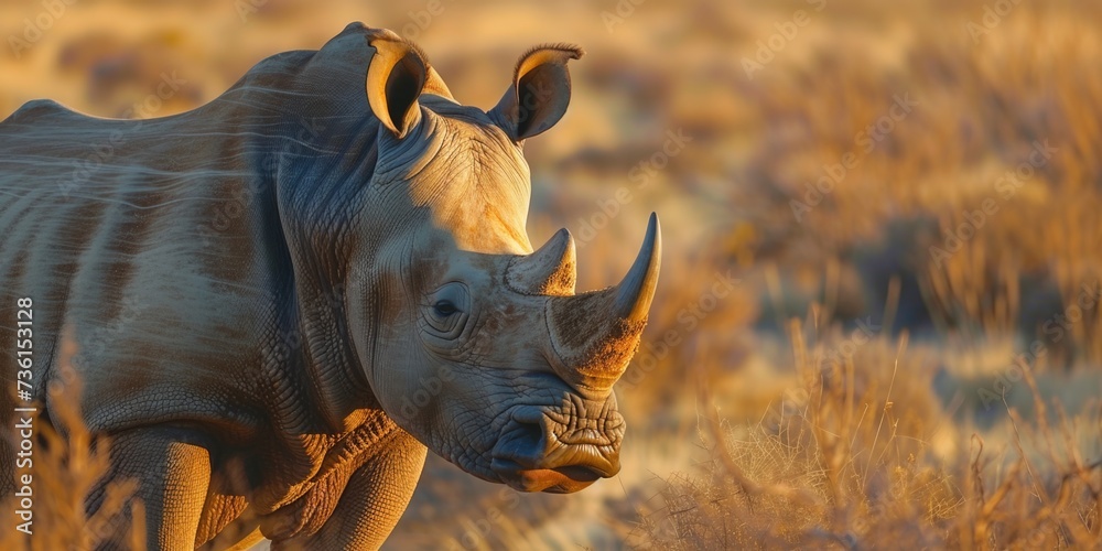Poster a close up shot of a rhino in a field. perfect for nature enthusiasts and animal lovers