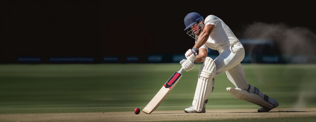 Cricket player in white uniform in motion, playing, hitting ball with bat on cricket field.
