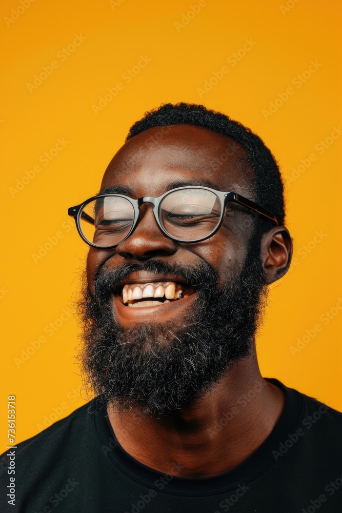 Wall mural A man with a beard and glasses smiling. Suitable for various purposes