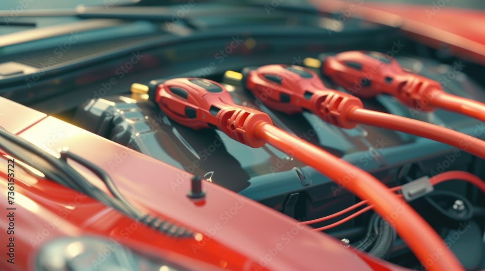Poster A detailed view of a car engine with vibrant red wires. Perfect for automotive enthusiasts or mechanics looking for a visually striking image to showcase the inner workings of a vehicle