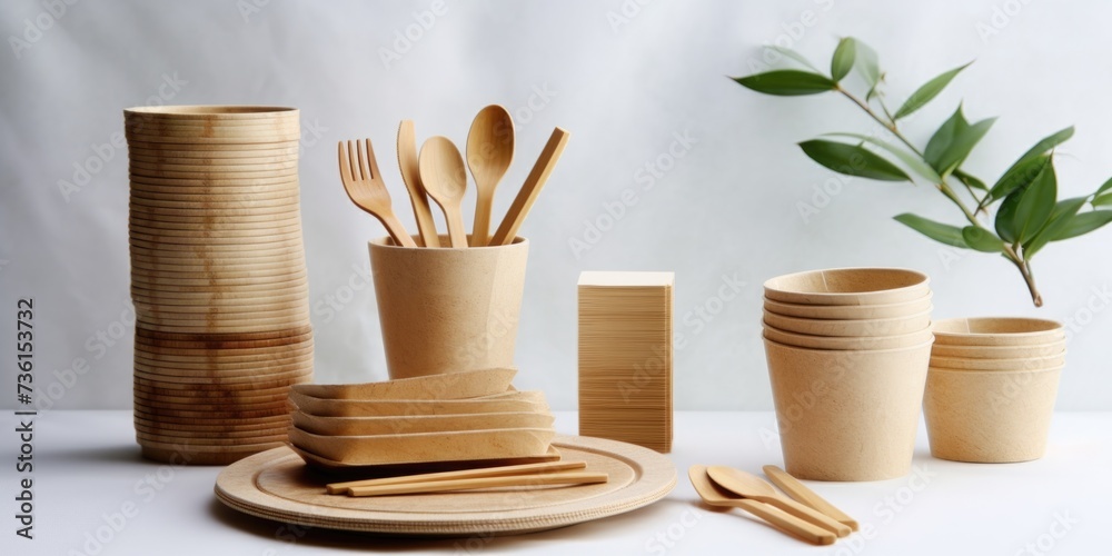 Poster a collection of wooden utensils arranged neatly on a table. ideal for food-related designs and kitch