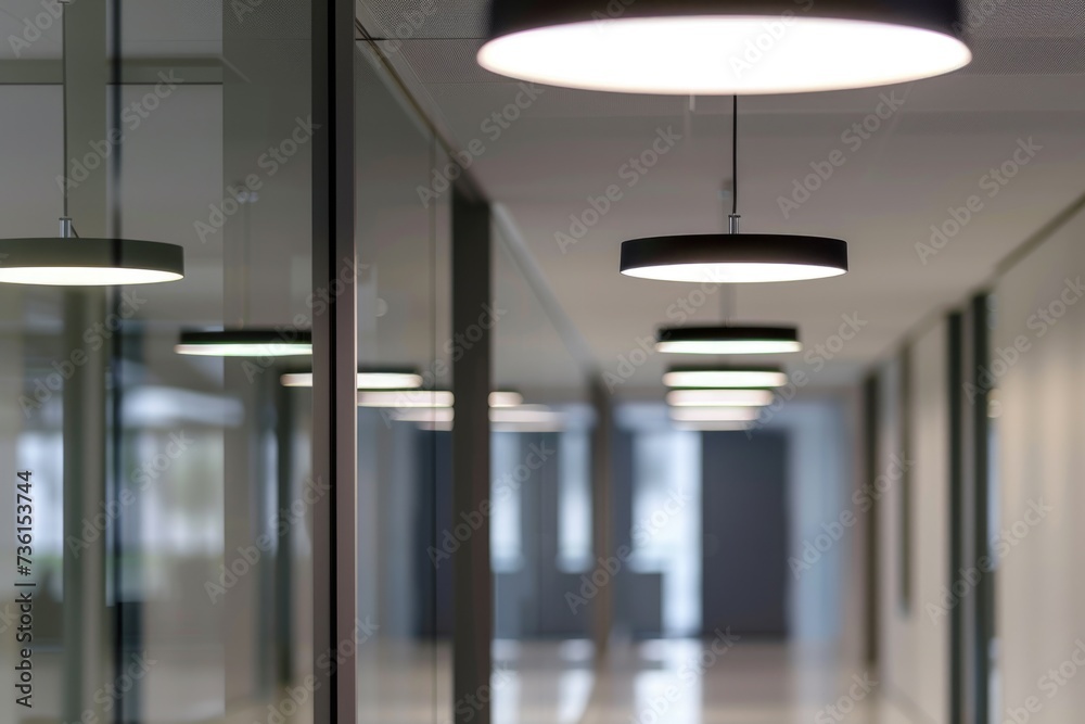Poster A long hallway with several lights hanging from the ceiling. Perfect for adding a touch of elegance and warmth to any space