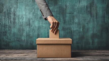 Brief description: A hand throwing a ballot into a ballot box against the backdrop of a light interior. Concept: Close-up of the election process. political voters