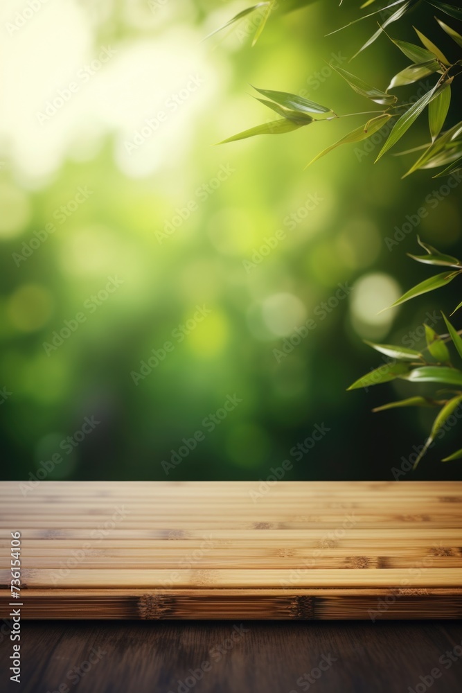 Poster a wooden table with a bamboo plant in the background. perfect for adding a touch of nature to any sp