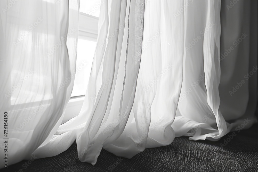 Poster A black and white photo of a window with sheer curtains. Perfect for adding a touch of elegance to any room