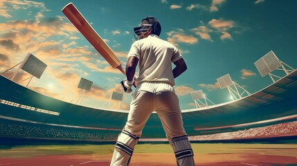 Creative colorful image of professional cricket layer, man in white uniform standing on empty cricket filed after game