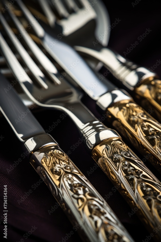 Poster a close up of a knife, fork, and spoon. perfect for illustrating table settings and dining experienc