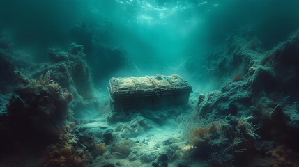 Sunlight filters through an ancient underwater scene highlighting a mysterious sunken treasure chest. - obrazy, fototapety, plakaty
