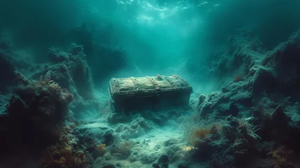 Foto auf Glas Sunlight filters through an ancient underwater scene highlighting a mysterious sunken treasure chest. © weerasak