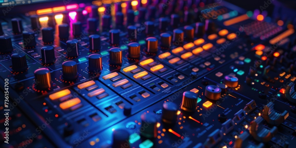 Aufkleber A detailed close-up view of a sound board with multiple knobs. This image can be used to showcase audio mixing, music production, or sound engineering