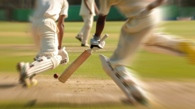 Cropped image of male legs, cricket players in white uniform playing, hitting ball with bat on cricket filed.