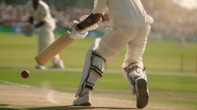Cropped image of male legs, cricket players in white uniform playing, hitting ball with bat on cricket filed.
