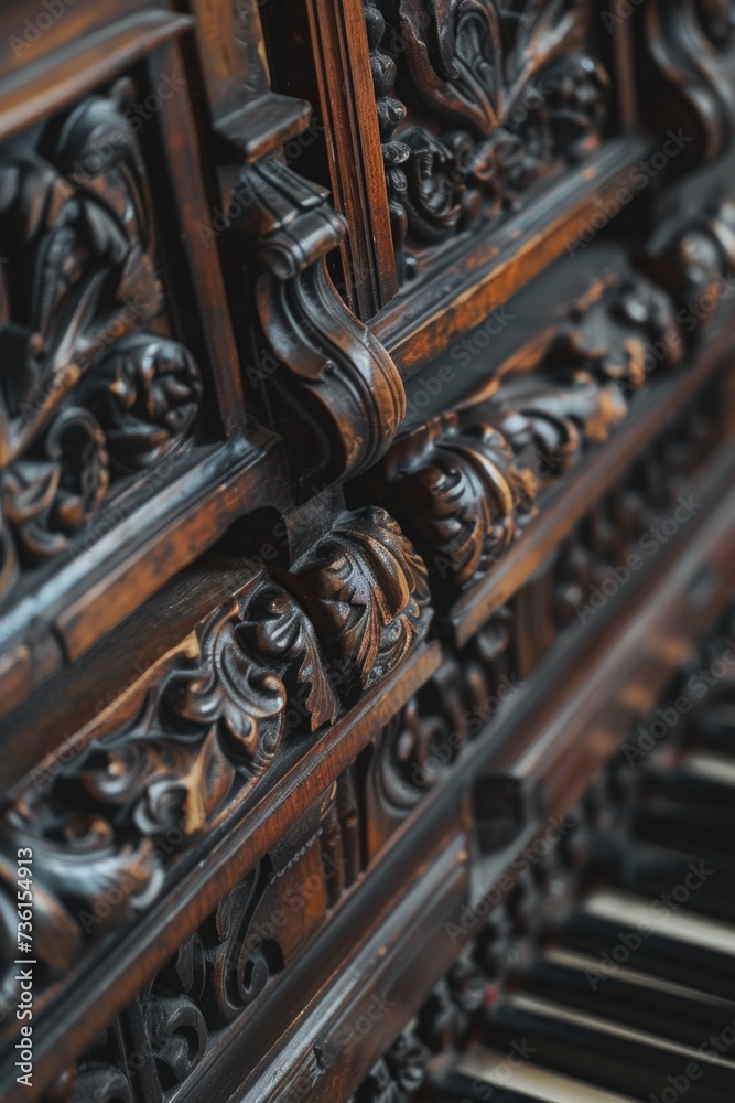 Aufkleber A detailed view of a wooden piano with intricate carvings. This image can be used to showcase the craftsmanship of the instrument or as a decorative element in music-related designs
