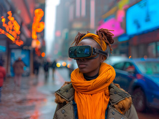 Dark-skinned girl wearing virtual reality goggles on a winter street in the city. Generative AI