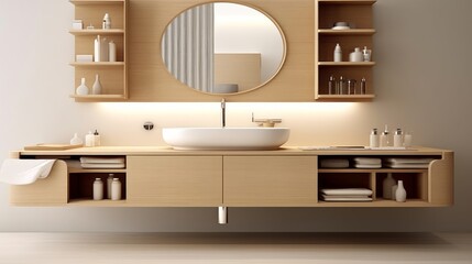 Light-toned floating vanity with integrated storag AI generated illustration