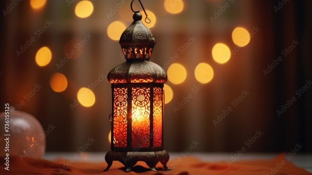 Poster A lantern with a lit candle placed on a table. Suitable for adding warmth and ambiance to any setting