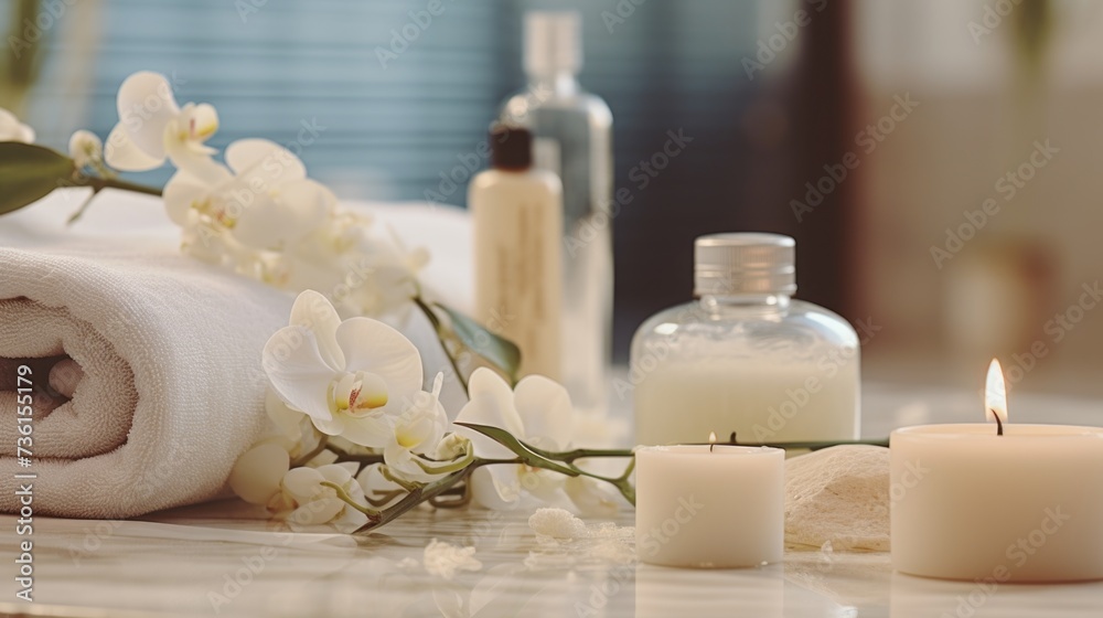 Poster A white towel sits on top of a counter next to candles. This image can be used to depict a spa or relaxation theme