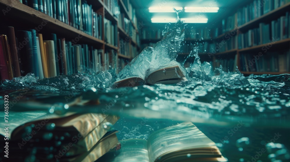 Poster A bookshelf filled with numerous books and a container of water. This image can be used to depict knowledge, education, reading, and the importance of staying hydrated while studying or working