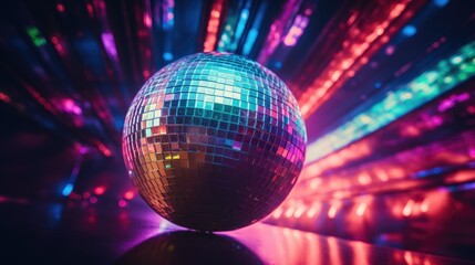 Obraz premium A vibrant disco ball illuminated by colorful lights. Perfect for adding a lively touch to any event or celebration