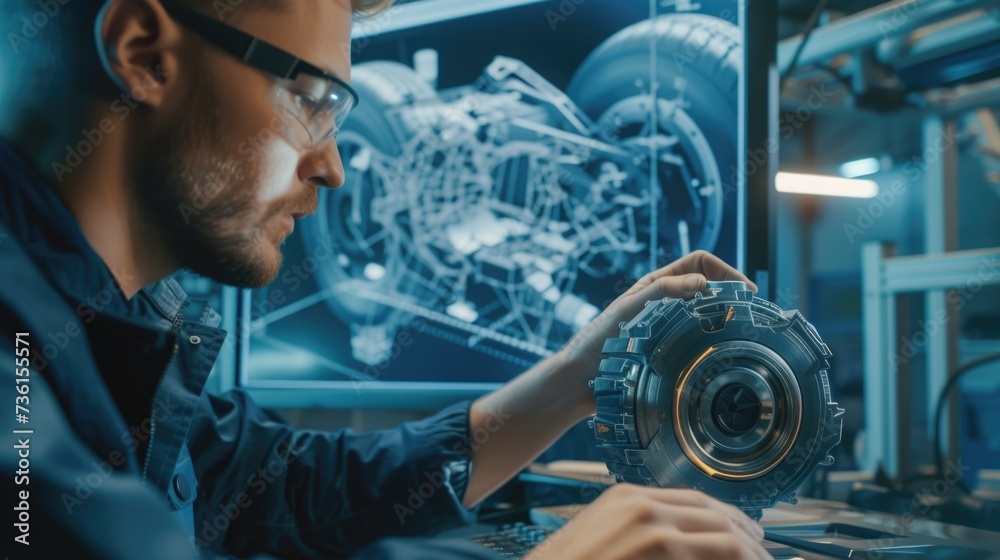 Aufkleber A man can be seen working on a computer in a factory. This image can be used to depict technology and automation in industrial settings