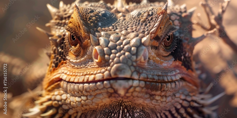 Poster a detailed close-up of a lizard's face with a blurry background. ideal for nature enthusiasts and re